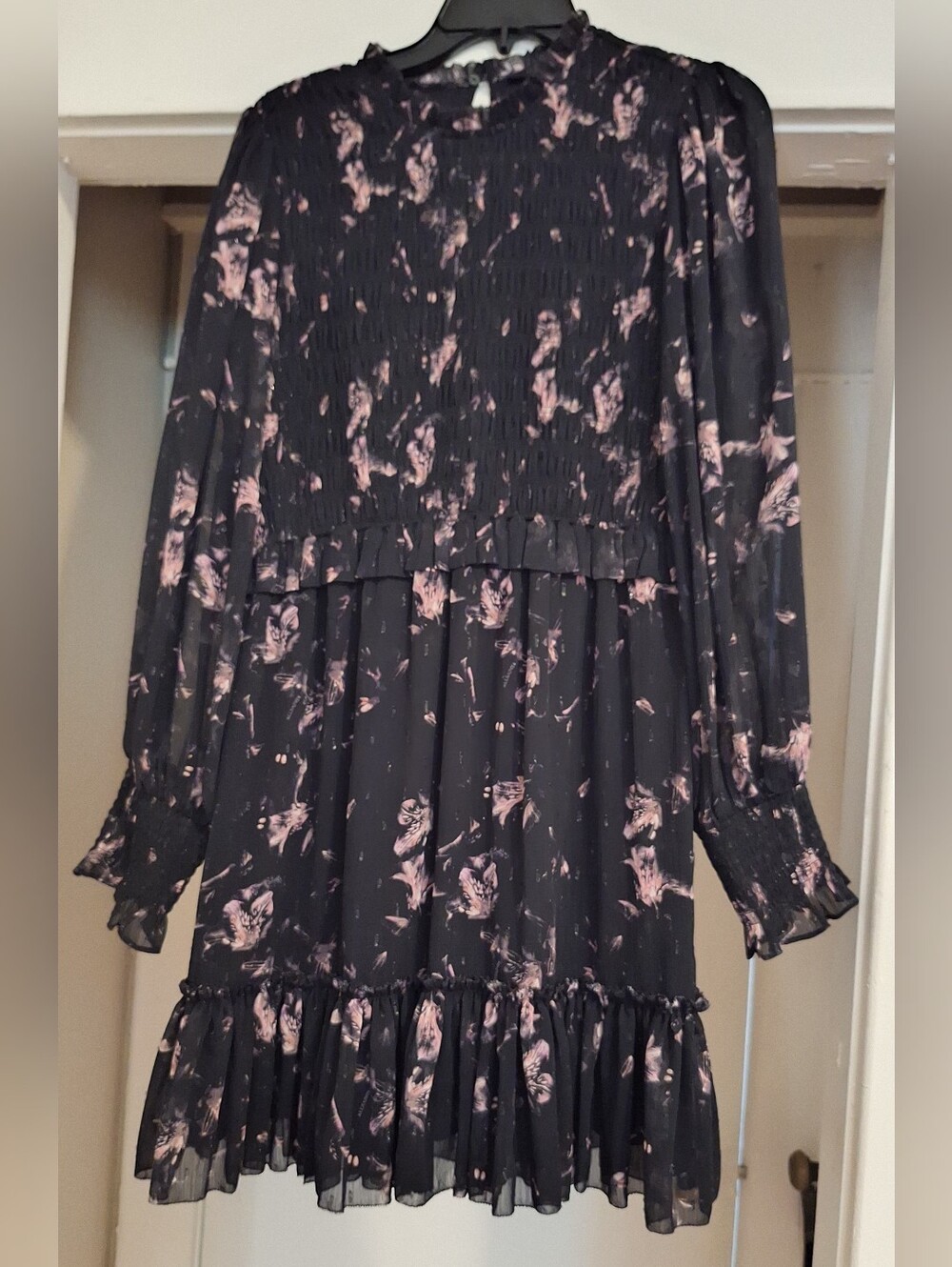 AllSaints Black Midi Dress with Pale Pink Floral Print
